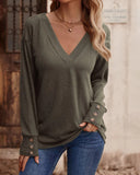 Solid V Neck Drop Shoulder Button Detail Long Sleeve Shirt