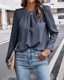 Pleated Puff Sleeve Crew Neck Tucked Blouse