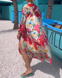 Long Sleeve Button Printed Tie Dye Maxi Shirt Dress