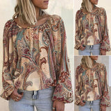 Bohemian Paisley Print Crew Neck Long Sleeve Blouse