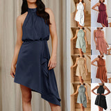 Women Tie Back Asymmetrical Hem Halter Satin Dress