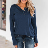 Women's Round Neck Long Sleeve Buttons Henley Top