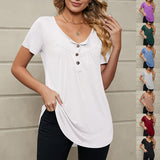 Women's Button Pleated Round Neck Short Sleeve Curved Hem Plain Henley Shirt Tunic Top