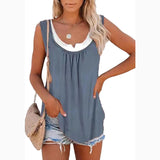 ﻿Solid Panel Sleeveless Smocked Tank Top T-shirt