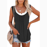 ﻿Solid Panel Sleeveless Smocked Tank Top T-shirt