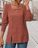 Soild Color Square Neck Button Decor Long Sleeve Split Top