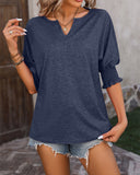 Notched Neck Lantern Sleeve Plain T-Shirt