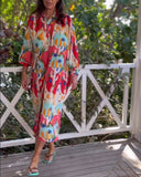 Long Sleeve Button Printed Tie Dye Maxi Shirt Dress