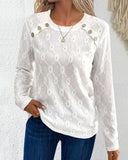 Button Decor Round Neck Hollow Out Embroidery White Long Sleeve Shirt