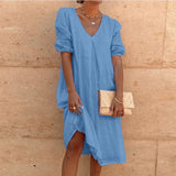 Cotton Linen V-Neck Mid-Sleeve Long Dress