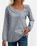 Stripe Print Asymmetrical Collar Long Sleeve Blouse