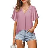 Pleated Loose V-neck Chiffon Shirt