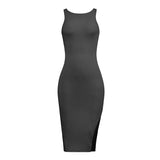 Women Plain Sleeveless Bodycon Knee-length Side Slit Dress