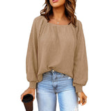 Women Square Neck Long Puff Sleeve Raglan Waffle Knit Shirt Top