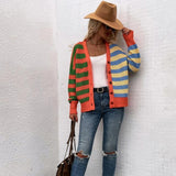 Striped Colorblock Knit Single-Breasted Cardigan